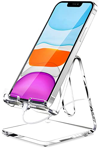 Crpich Acrylic Cell Phone Stand, Portable Clear Phone Stand for Desk, Compatible with Phone15 14 13 Pro Max Mini 12 11 Plus SE, Switch, Android Smartphone, Pad, Tablet, Desk Accessories