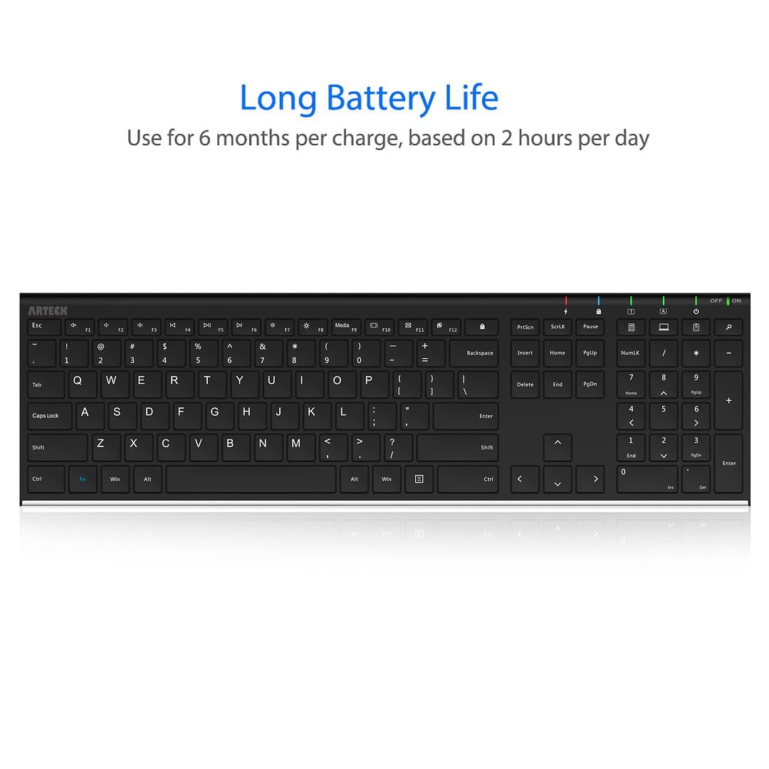 Arteck 2.4G Wireless Keyboard Stainless Steel Ultra Slim Full Size Keyboard with Numeric Keypad for Computer/Desktop/PC/Laptop/Surface/Smart TV and Windows 10/8/ 7 Built in Rechargeable Battery