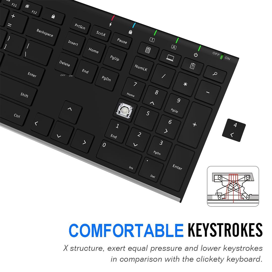 Arteck 2.4G Wireless Keyboard Stainless Steel Ultra Slim Full Size Keyboard with Numeric Keypad for Computer/Desktop/PC/Laptop/Surface/Smart TV and Windows 10/8/ 7 Built in Rechargeable Battery