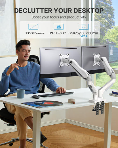 HUANUO Dual Monitor Stand - Full Adjustable Monitor Desk Mount Swivel Vesa Bracket with C Clamp, Grommet Mounting Base for 13 to 30 Inch Computer Screens - Each Arm Holds 4.4 to 19.8lbs