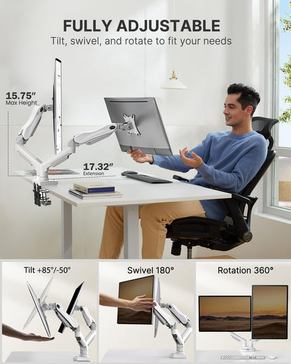 HUANUO Dual Monitor Stand - Full Adjustable Monitor Desk Mount Swivel Vesa Bracket with C Clamp, Grommet Mounting Base for 13 to 30 Inch Computer Screens - Each Arm Holds 4.4 to 19.8lbs