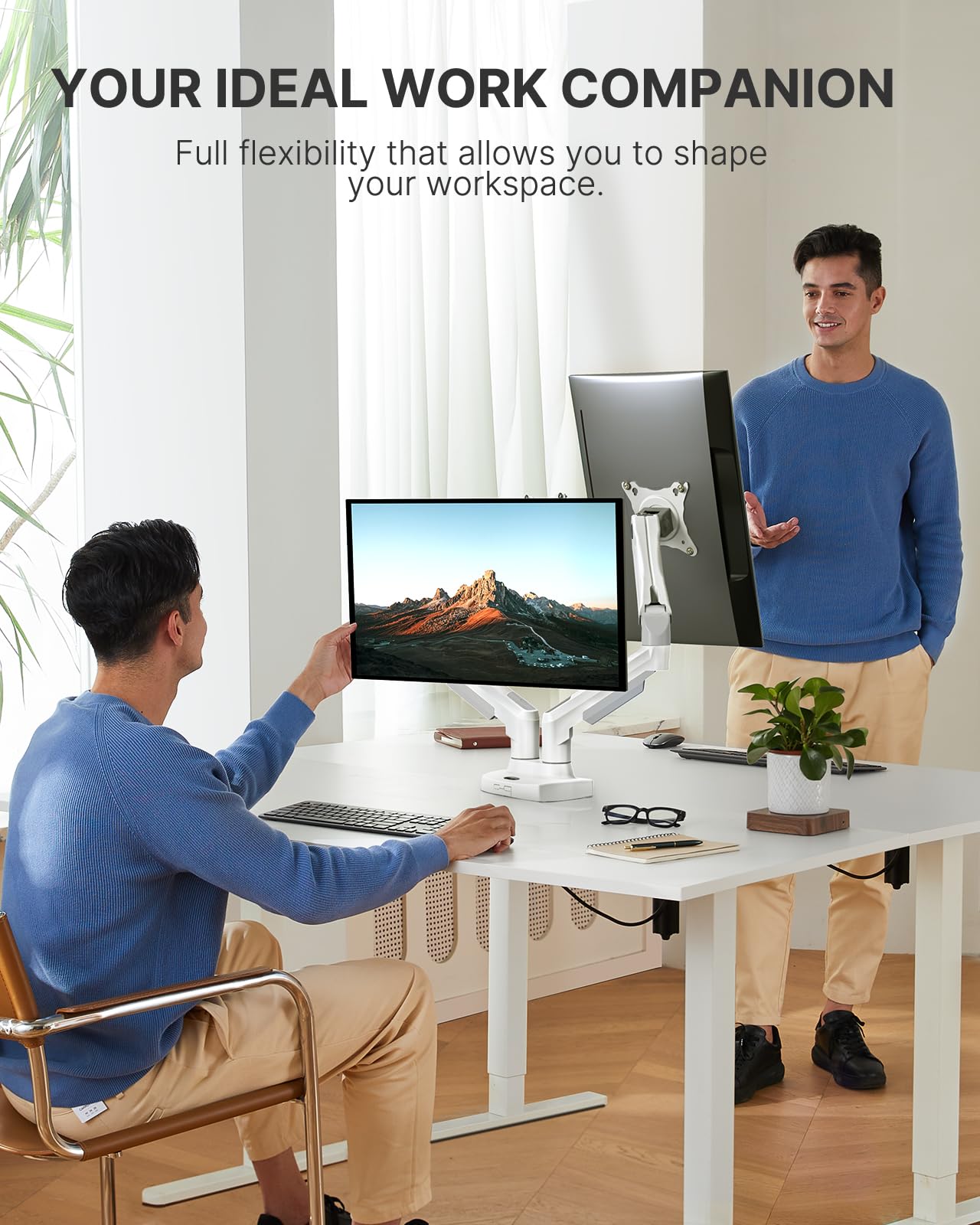 HUANUO Dual Monitor Stand - Full Adjustable Monitor Desk Mount Swivel Vesa Bracket with C Clamp, Grommet Mounting Base for 13 to 30 Inch Computer Screens - Each Arm Holds 4.4 to 19.8lbs