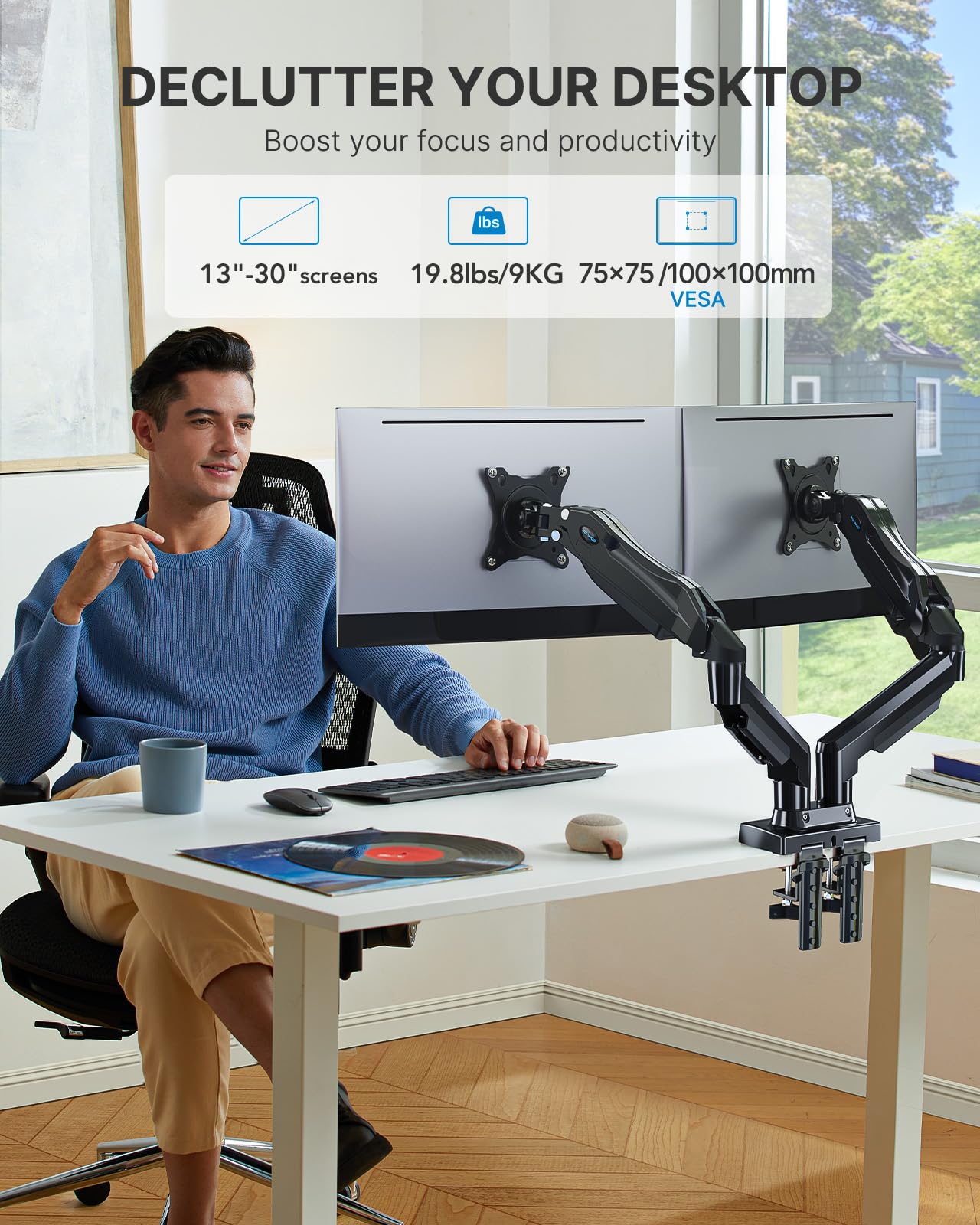 HUANUO Dual Monitor Stand - Full Adjustable Monitor Desk Mount Swivel Vesa Bracket with C Clamp, Grommet Mounting Base for 13 to 30 Inch Computer Screens - Each Arm Holds 4.4 to 19.8lbs